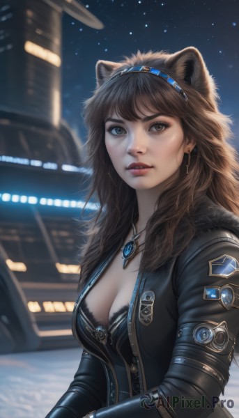 1girl,solo,long hair,breasts,looking at viewer,bangs,blue eyes,brown hair,gloves,animal ears,cleavage,brown eyes,jewelry,medium breasts,underwear,jacket,upper body,hairband,earrings,outdoors,parted lips,sky,teeth,necklace,bra,blurry,lips,black jacket,fur trim,eyelashes,night,depth of field,blurry background,black bra,star (sky),night sky,pendant,zipper,starry sky,realistic,nose,leather,leather jacket,large breasts,long sleeves,open clothes,open jacket,freckles