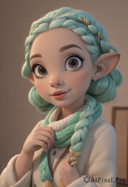 1girl,solo,long hair,looking at viewer,smile,hair ornament,long sleeves,brown eyes,jewelry,upper body,braid,earrings,parted lips,green hair,pointy ears,indoors,scarf,twin braids,lips,coat,fur trim,eyelashes,aqua hair,hair over shoulder,freckles,nose,winter clothes,multiple braids,teeth,artist name,blurry,blurry background,watermark,thick eyebrows,forehead,green scarf,deviantart username