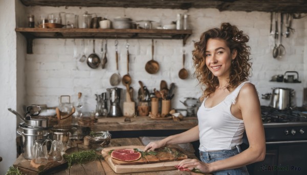 1girl,solo,long hair,breasts,looking at viewer,smile,brown hair,shirt,hair ornament,holding,cleavage,bare shoulders,jewelry,white shirt,earrings,small breasts,food,sleeveless,pants,indoors,medium hair,nail polish,grin,cup,lips,wavy hair,tank top,bottle,knife,denim,red nails,plate,freckles,curly hair,jeans,realistic,white tank top,cooking,meat,ladle,kitchen,frying pan,sink,spatula,stove,cutting board,tongs,brown eyes,belt,bowl