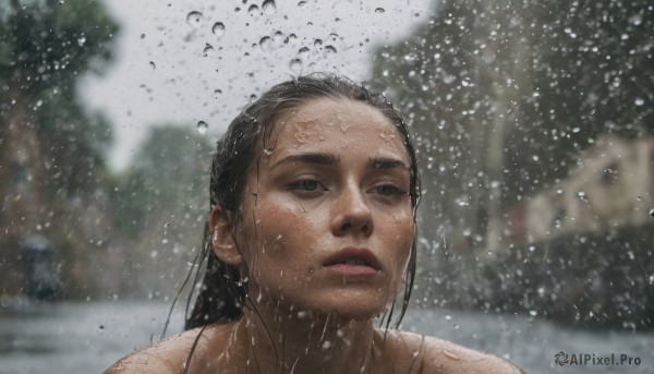 A female portrayed in a refreshing rainy outdoors