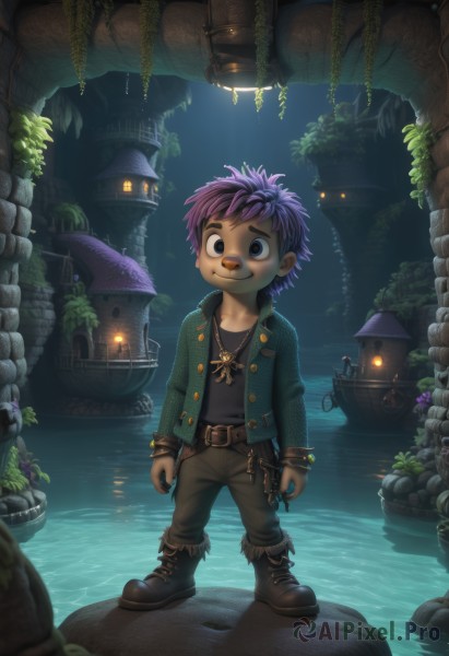 solo,looking at viewer,smile,short hair,shirt,1boy,brown eyes,jewelry,standing,jacket,full body,purple hair,male focus,boots,outdoors,open clothes,belt,pants,water,necklace,black eyes,bracelet,tree,black shirt,night,leaf,plant,child,lantern,lamp,male child,brown pants,blue eyes,sky,teeth,artist name,chain,fire,night sky,web address,freckles,watercraft,leather,house,boat,leather jacket