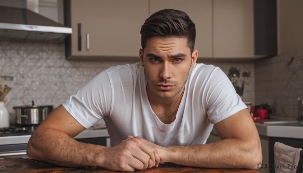 solo,looking at viewer,short hair,brown hair,shirt,black hair,1boy,brown eyes,closed mouth,white shirt,upper body,short sleeves,male focus,indoors,blurry,blurry background,facial hair,table,t-shirt,beard,meme,realistic,stubble,chest hair,photo background,arm hair,reference inset,photo inset,muscular,muscular male,kitchen,sink