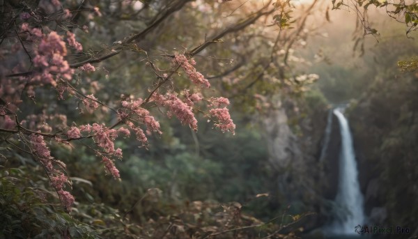 flower, outdoors, day, water, blurry, tree, no humans, depth of field, blurry background, plant, cherry blossoms, nature, scenery, forest, branch, waterfall