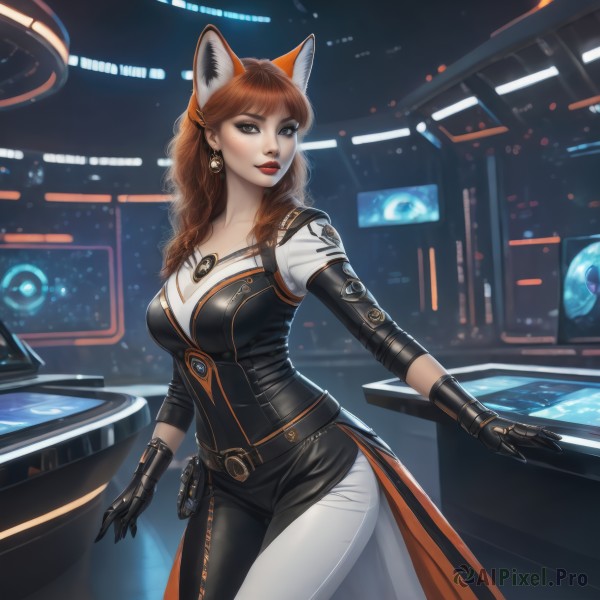 1girl,solo,long hair,breasts,looking at viewer,smile,bangs,brown hair,gloves,animal ears,brown eyes,jewelry,medium breasts,standing,cowboy shot,earrings,black gloves,belt,pants,cat ears,mole,lips,fox ears,makeup,lipstick,eyeshadow,science fiction,white pants,red lips,space,asymmetrical clothes,planet,red hair,orange hair,bodysuit,fake animal ears,curly hair,realistic