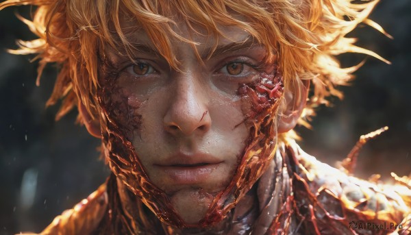 solo,looking at viewer,short hair,bangs,blonde hair,1boy,brown eyes,closed mouth,male focus,blurry,lips,orange eyes,depth of field,blurry background,scar,portrait,close-up,realistic,straight-on,cyborg,damaged,mechanical parts,cracked skin,orange hair,eyelashes,messy hair,freckles,scales