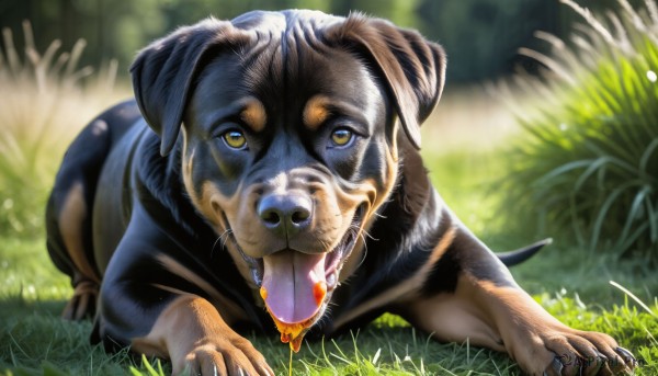 HQ,solo,looking at viewer,yellow eyes,outdoors,day,tongue,tongue out,blurry,no humans,depth of field,blurry background,animal,grass,nature,dog,realistic,animal focus,open mouth,full body,teeth,signature,pokemon (creature),fangs,sunlight,plant