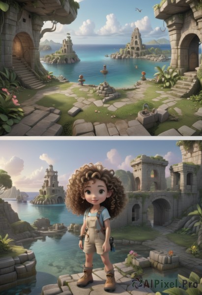 1girl,long hair,looking at viewer,smile,open mouth,brown hair,shirt,brown eyes,standing,flower,comic,short sleeves,boots,outdoors,sky,shorts,day,cloud,water,tree,blue sky,bird,ocean,brown footwear,suspenders,cloudy sky,grass,plant,building,child,scenery,curly hair,stairs,fantasy,horizon,overalls,watercraft,tower,afro,solo,hat,multiple boys,rock,ruins,statue