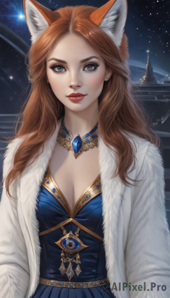 1girl,solo,long hair,breasts,looking at viewer,smile,blue eyes,brown hair,dress,animal ears,cleavage,jewelry,medium breasts,upper body,earrings,sky,necklace,orange hair,lips,coat,animal ear fluff,fur trim,fox ears,makeup,night,blue dress,lipstick,brooch,gem,star (sky),night sky,starry sky,freckles,white coat,red lips,closed mouth,red hair,open clothes,artist name,eyelashes,wavy hair,fox girl,forehead,open coat,realistic