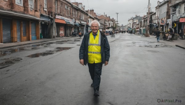 solo,looking at viewer,shirt,long sleeves,1boy,closed mouth,standing,jacket,full body,white hair,male focus,outdoors,open clothes,day,pants,dark skin,black footwear,open jacket,black jacket,facial hair,black pants,dark-skinned male,ground vehicle,building,motor vehicle,clenched hands,walking,yellow shirt,city,realistic,arms at sides,car,road,bald,old,old man,street,photo background,crosswalk,multiple boys,sky,solo focus,scenery,beard,6+boys,power lines,lamppost