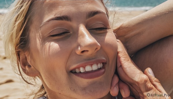 1girl,smile,open mouth,blonde hair,1boy,closed eyes,male focus,teeth,solo focus,blurry,lips,fingernails,blurry background,portrait,close-up,realistic,hand on another's face,hand on another's cheek,wrinkled skin,solo,outdoors,lying,day,beach,out of frame