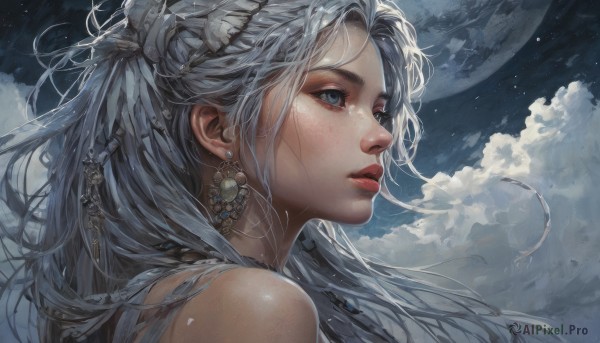 1girl,solo,long hair,blue eyes,hair ornament,bare shoulders,jewelry,braid,grey hair,earrings,parted lips,sky,cloud,from side,lips,eyelashes,looking away,moon,cloudy sky,portrait,star (sky),full moon,freckles,realistic,nose,looking afar,outdoors,grey eyes,night,floating hair,feathers,night sky