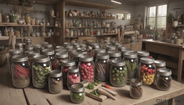 food,day,indoors,cup,no humans,window,fruit,table,sunlight,bottle,plant,scenery,plate,fish,bowl,apple,basket,carrot,mushroom,shelf,spring onion,kitchen,jar,tomato,vegetable,cucumber,potato,cutting board,onion,radish,potted plant,still life,counter