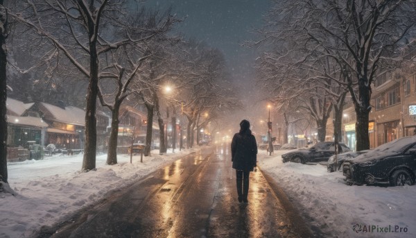 1girl, outdoors, sky, tree, dutch angle, night, ground vehicle, building, night sky, scenery, motor vehicle, snow, walking, snowing, city, sign, car, road, winter, lamppost, bare tree, street, footprints, vanishing point