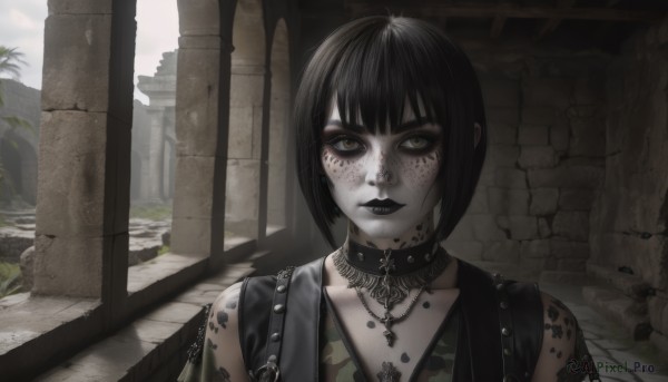 1girl,solo,looking at viewer,short hair,bangs,black hair,brown eyes,jewelry,collarbone,yellow eyes,upper body,outdoors,parted lips,sleeveless,choker,necklace,vest,collar,lips,tattoo,makeup,black choker,bob cut,cross,lipstick,pale skin,spikes,eyeshadow,freckles,eyeliner,arm tattoo,ruins,mascara,gothic,neck tattoo,black lips,blunt bangs,heterochromia,plant,portrait,facepaint