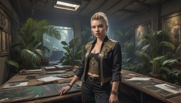 1girl,solo,breasts,looking at viewer,short hair,blonde hair,shirt,navel,cleavage,brown eyes,jewelry,medium breasts,closed mouth,standing,jacket,cowboy shot,earrings,open clothes,midriff,belt,pants,indoors,hair bun,vest,bracelet,open jacket,lips,black jacket,window,makeup,black pants,table,plant,buckle,desk,belt buckle,paper,realistic,nose,potted plant,leather,office,brown hair,collarbone,signature,dated,tattoo,single hair bun,lipstick,hoop earrings,midriff peek,hair pulled back