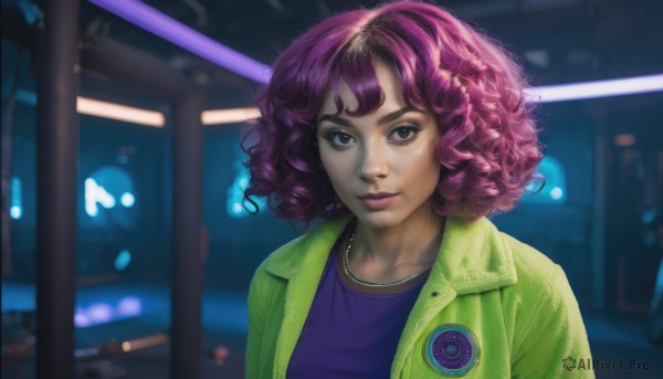 1girl,solo,looking at viewer,short hair,bangs,shirt,brown eyes,jewelry,closed mouth,jacket,upper body,pink hair,purple hair,open clothes,medium hair,necklace,blurry,open jacket,lips,eyelashes,makeup,blurry background,thick eyebrows,curly hair,green jacket,realistic,nose,purple shirt,artist name,depth of field,watermark,badge,button badge,neon lights