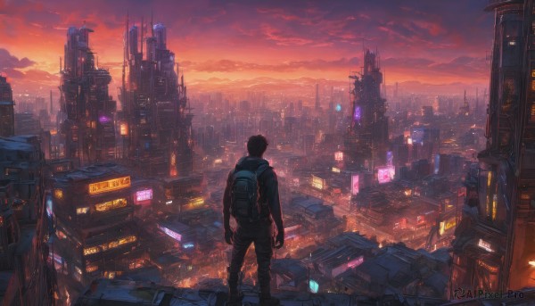 solo, 1boy, standing, male focus, outdoors, sky, cloud, bag, from behind, backpack, building, scenery, science fiction, sunset, city, cityscape, skyscraper, cyberpunk