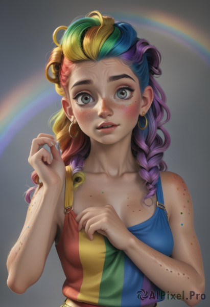 1girl,solo,long hair,breasts,looking at viewer,blush,open mouth,blue eyes,blonde hair,simple background,shirt,cleavage,bare shoulders,jewelry,medium breasts,blue hair,collarbone,upper body,pink hair,purple hair,braid,multicolored hair,earrings,small breasts,parted lips,green hair,teeth,sleeveless,midriff,artist name,grey background,nail polish,two-tone hair,lips,crop top,fingernails,grey eyes,hands up,eyelashes,sleeveless shirt,makeup,tank top,lipstick,multicolored clothes,eyeshadow,personification,freckles,curly hair,hoop earrings,realistic,nose,red lips,rainbow,mascara,rainbow order,rainbow gradient,multicolored shirt,body freckles,rainbow hair,multicolored stripes,green eyes,twin braids,gradient hair,thick eyebrows,overalls