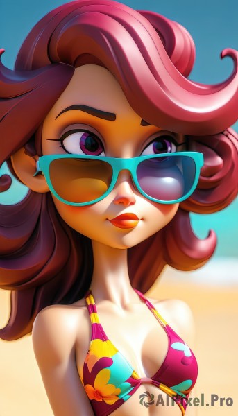 1girl,solo,long hair,breasts,brown hair,cleavage,bare shoulders,closed mouth,purple eyes,collarbone,swimsuit,upper body,pink hair,bikini,multicolored hair,small breasts,outdoors,day,blurry,covered nipples,lips,looking to the side,makeup,blurry background,looking away,beach,floral print,sunglasses,lipstick,multicolored clothes,pink bikini,flipped hair,tinted eyewear,blue-tinted eyewear,eyelashes,ocean,bikini top only,eyeshadow,curly hair,nose,strap gap,print bikini,mascara,multicolored bikini,pink-tinted eyewear