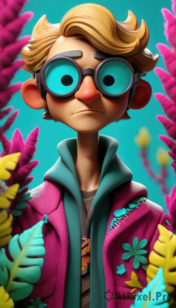 solo,looking at viewer,short hair,blue eyes,blonde hair,shirt,1boy,closed mouth,jacket,upper body,flower,male focus,open clothes,glasses,artist name,hood,blurry,open jacket,hoodie,frown,leaf,blue background,bug,plant,goggles,pink jacket,male child,aqua background,simple background,depth of field,blurry background,watermark,clothes writing