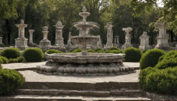 outdoors,day,tree,no humans,sunlight,grass,plant,nature,scenery,forest,stairs,bush,pillar,statue,arch,column,stone lantern