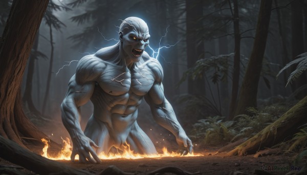 solo,open mouth,1boy,navel,yellow eyes,white hair,male focus,nude,outdoors,teeth,tree,muscular,night,glowing,colored skin,fangs,abs,fire,pectorals,muscular male,nature,bara,glowing eyes,forest,electricity,lightning,no humans,scenery,colored sclera,veins,giant