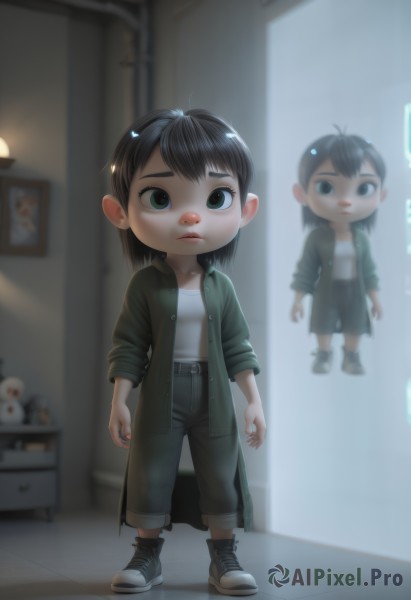 1girl,solo,looking at viewer,short hair,bangs,shirt,black hair,closed mouth,green eyes,standing,jacket,full body,white shirt,open clothes,shoes,belt,pants,indoors,medium hair,black footwear,blurry,black eyes,lips,coat,blurry background,stuffed toy,stuffed animal,sneakers,child,reflection,teddy bear,mirror,green jacket,female child,shirt tucked in,green coat,boots,shorts,chibi,denim