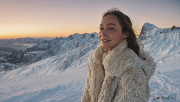 1girl,solo,long hair,looking at viewer,smile,blue eyes,brown hair,black hair,upper body,outdoors,parted lips,sky,teeth,lips,coat,fur trim,scenery,snow,mountain,realistic,winter clothes,winter,sunrise,dark skin,hood,blurry,dark-skinned female,hood down,backlighting,sunset,white coat,winter coat