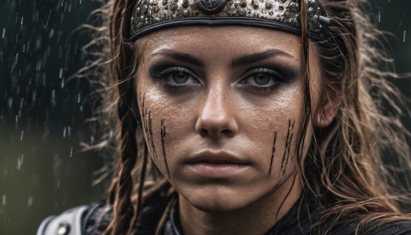 1girl,solo,long hair,looking at viewer,brown hair,brown eyes,closed mouth,armor,lips,eyelashes,headband,scar,portrait,close-up,rain,circlet,realistic,nose,1boy,green eyes,braid,male focus,goggles,freckles,goggles on head