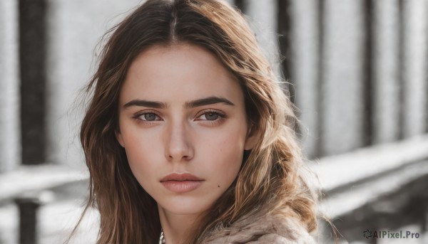 1girl,solo,long hair,looking at viewer,brown hair,closed mouth,mole,blurry,black eyes,lips,looking to the side,grey eyes,depth of field,blurry background,portrait,mole under mouth,snow,forehead,freckles,realistic,nose,brown eyes,jewelry,outdoors,necklace,expressionless,thick eyebrows,close-up,mole on cheek