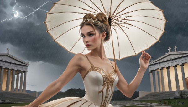 1girl,solo,breasts,blue eyes,brown hair,hair ornament,dress,holding,cleavage,bare shoulders,jewelry,medium breasts,collarbone,upper body,earrings,small breasts,outdoors,parted lips,sky,cloud,hair bun,white dress,lips,umbrella,looking away,single hair bun,cloudy sky,tiara,strapless dress,rain,holding umbrella,realistic,nose,oil-paper umbrella,architecture,east asian architecture,lightning,overcast,looking at viewer,fingernails,double bun,makeup,gold trim,spaghetti strap,updo,grey sky