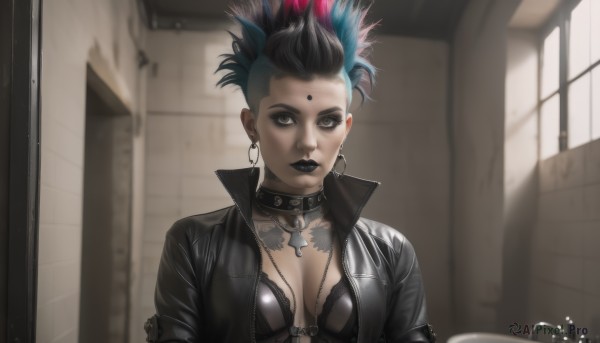 1girl,solo,breasts,looking at viewer,short hair,black hair,cleavage,brown eyes,jewelry,medium breasts,underwear,blue hair,jacket,upper body,multicolored hair,earrings,open clothes,choker,indoors,necklace,bra,blurry,black eyes,collar,two-tone hair,open jacket,lips,streaked hair,black jacket,window,tattoo,makeup,blurry background,black choker,facial mark,piercing,cross,lipstick,black bra,ear piercing,forehead,eyeshadow,zipper,hoop earrings,forehead mark,nose,eyeliner,leather,undercut,spiked collar,cross earrings,leather jacket,mascara,gothic,mohawk,black lips,nose piercing,eyebrow piercing