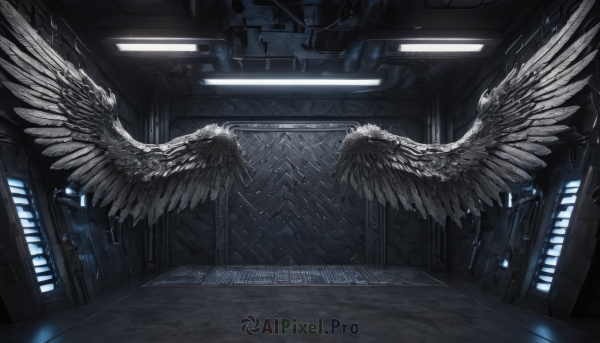 wings,indoors,no humans,window,scenery,feathered wings,science fiction,light,ceiling,hallway,ceiling light,train station,dutch angle,angel wings,stairs,white wings,angel,cable,dark,multiple wings,industrial pipe,vanishing point