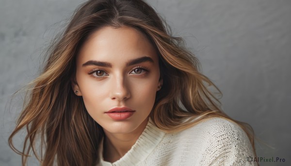 1girl,solo,long hair,looking at viewer,simple background,brown hair,brown eyes,jewelry,earrings,parted lips,grey background,sweater,lips,portrait,freckles,realistic,nose,red lips,stud earrings,white sweater,eyelashes,makeup,floating hair,thick eyebrows,lipstick