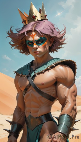 solo,looking at viewer,short hair,1boy,navel,jewelry,closed mouth,nipples,standing,pink hair,purple hair,male focus,cowboy shot,outdoors,sky,day,artist name,dark skin,bracelet,blue sky,lips,mask,muscular,facial mark,abs,crown,pectorals,muscular male,wind,pelvic curtain,spikes,clenched hands,veins,topless male,realistic,sand,bare pectorals,spiked bracelet,harness,loincloth,biceps,chest harness,desert,veiny arms,bangs,collarbone,shiny,belt,cloud,signature,cape,clenched hand,facepaint