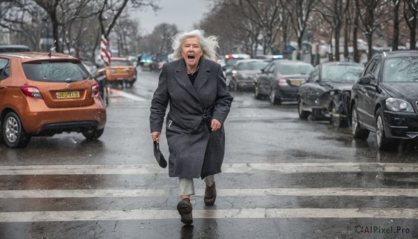 solo,long hair,open mouth,long sleeves,1boy,holding,closed eyes,white hair,grey hair,male focus,outdoors,shoes,teeth,tree,coat,facial hair,parody,ground vehicle,motor vehicle,snow,headwear removed,walking,snowing,realistic,holding clothes,car,road,winter,vehicle focus,bare tree,sports car,looking at viewer,pants,old,russian text,united states