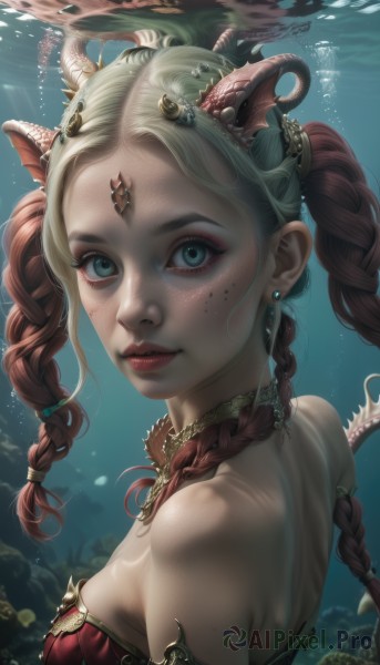 1girl,solo,long hair,breasts,looking at viewer,smile,blue eyes,blonde hair,hair ornament,dress,bare shoulders,twintails,jewelry,medium breasts,closed mouth,green eyes,upper body,braid,red hair,multicolored hair,earrings,horns,looking back,artist name,signature,water,necklace,mole,twin braids,two-tone hair,aqua eyes,lips,eyelashes,strapless,gradient hair,makeup,piercing,lipstick,monster girl,gem,armlet,eyeshadow,freckles,fish,bubble,underwater,realistic,nose,red lips,air bubble,mascara,submerged,multiple braids,shell hair ornament,brown hair,from side,facial mark,forehead mark,scales,forehead jewel,coral