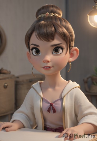 1girl,solo,looking at viewer,short hair,bangs,brown hair,hair ornament,brown eyes,jewelry,upper body,earrings,parted lips,teeth,indoors,hair bun,blurry,lips,fingernails,book,eyelashes,depth of field,blurry background,table,single hair bun,child,freckles,female child,lamp,smile,long sleeves,dress,collarbone,hood,plant,robe,potted plant