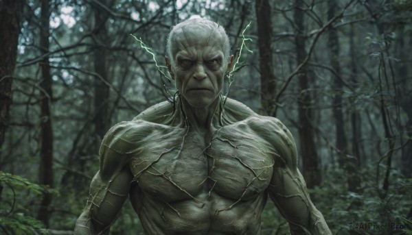 solo, looking at viewer, 1boy, upper body, white hair, male focus, tree, muscular, plant, nature, forest, realistic, old, old man