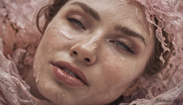 1girl,solo,brown hair,closed eyes,parted lips,teeth,shiny,water,blurry,lips,wet,eyelashes,blurry background,portrait,close-up,realistic,nose,looking at viewer,brown eyes,half-closed eyes