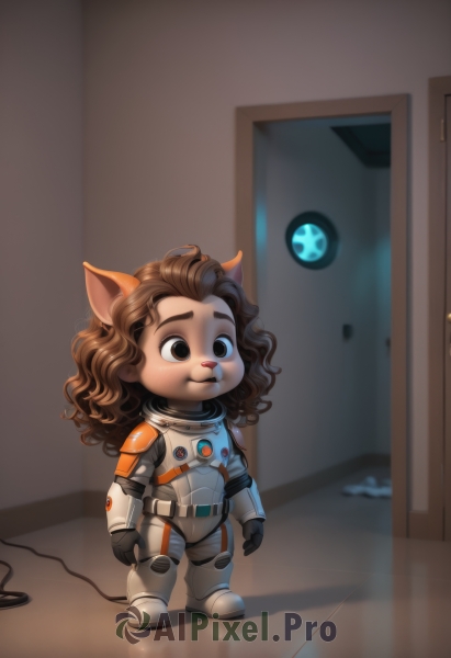 1girl,solo,long hair,brown hair,gloves,animal ears,brown eyes,closed mouth,standing,full body,black gloves,artist name,indoors,cat ears,signature,dark skin,armor,black eyes,bodysuit,wavy hair,messy hair,furry,reflection,meme,curly hair,door,furry female,arms at sides,cable,hallway,spacesuit,blurry,controller,astronaut