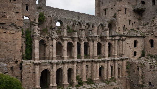 outdoors,sky,day,water,tree,no humans,window,traditional media,building,scenery,architecture,ruins,pillar,arch,overgrown,cloud,plant,bridge,moss