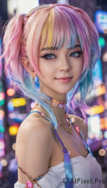 1girl,solo,breasts,looking at viewer,smile,short hair,bangs,blue eyes,blonde hair,shirt,cleavage,bare shoulders,twintails,jewelry,closed mouth,blue hair,collarbone,white shirt,upper body,pink hair,multicolored hair,earrings,small breasts,choker,blunt bangs,necklace,off shoulder,blurry,two-tone hair,lips,looking to the side,grey eyes,eyelashes,gradient hair,makeup,depth of field,blurry background,piercing,short twintails,gem,ear piercing,realistic,nose,off-shoulder shirt,mascara,artist name,signature,from side,streaked hair,bokeh