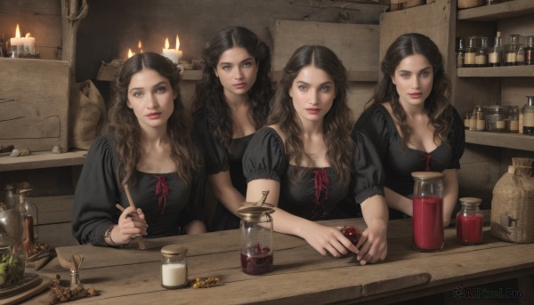 long hair,breasts,looking at viewer,multiple girls,brown hair,black hair,cleavage,brown eyes,medium breasts,sitting,short sleeves,food,puffy sleeves,indoors,puffy short sleeves,lips,grey eyes,4girls,wavy hair,table,bottle,curly hair,realistic,candle,coin,jar,holding,closed mouth,braid,horns,single horn,fantasy