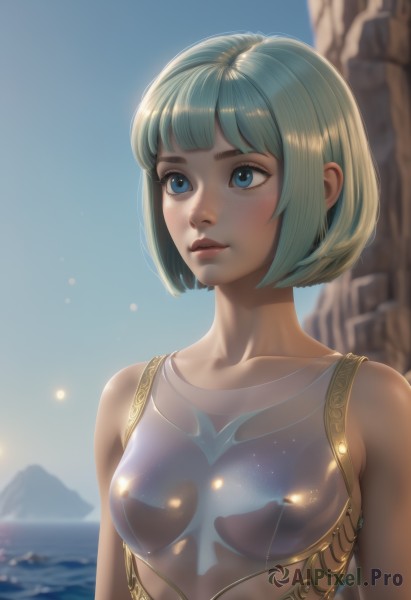 1girl,solo,breasts,short hair,bangs,blue eyes,bare shoulders,blue hair,collarbone,upper body,small breasts,outdoors,parted lips,green hair,sky,day,shiny,artist name,blunt bangs,water,armor,blurry,blue sky,lips,see-through,aqua hair,blurry background,ocean,bob cut,mountain,nose,blush,medium breasts,closed mouth,swimsuit,sleeveless,covered nipples,one-piece swimsuit,shiny skin,eyelashes,depth of field,looking away,sunlight,skin tight,light particles,backlighting,freckles,shiny clothes,pink lips,realistic,arms at sides,looking afar