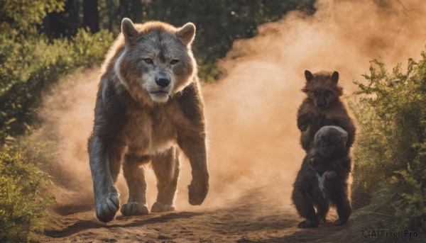 looking at viewer,standing,full body,outdoors,tree,no humans,animal,plant,nature,forest,walking,realistic,bush,animal focus,bear,lion,holding,closed mouth,signature,dog