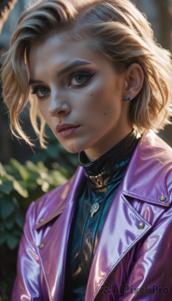 1girl,solo,looking at viewer,short hair,blonde hair,brown eyes,jewelry,jacket,upper body,earrings,parted lips,open clothes,artist name,necklace,mole,blurry,lips,grey eyes,mole under eye,blurry background,freckles,realistic,nose,pink jacket,purple jacket,shirt,hat,outdoors,signature,collar,open jacket,eyelashes,makeup,depth of field,thick eyebrows,lipstick,pendant,eyeshadow,backlighting,eyeliner,leather,leather jacket,mascara