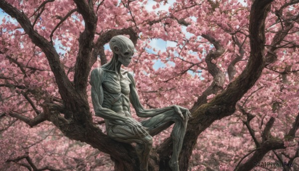 solo, 1boy, sitting, outdoors, sky, tree, no humans, cherry blossoms, hand on own knee, alien