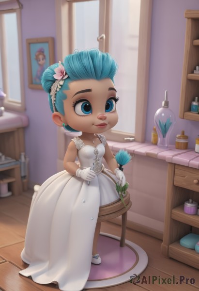 bulma,1girl,solo,breasts,smile,short hair,blue eyes,hair ornament,gloves,dress,holding,jewelry,closed mouth,blue hair,standing,full body,flower,hairband,earrings,small breasts,shoes,sleeveless,indoors,white gloves,hair flower,necklace,hair bun,white dress,blurry,aqua eyes,lips,see-through,aqua hair,makeup,sleeveless dress,white footwear,bottle,aged down,wooden floor,mirror,wedding dress,shelf,vase,comb,bare shoulders,alternate costume,artist name,eyelashes,window,blurry background,watermark,single hair bun,lipstick,strapless dress,bouquet,nose,stud earrings,stool,bride,pearl necklace