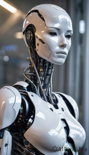 1girl,solo,breasts,medium breasts,upper body,shiny,blurry,lips,blurry background,colored skin,robot,science fiction,realistic,android,joints,cable,cyborg,robot joints,cyberpunk,mechanical parts,humanoid robot,looking at viewer,small breasts,black eyes,expressionless,white skin,bald,no pupils